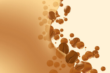 Obraz premium Elegant 3D roasted coffee beans with liquid bubbles splash, light beige background with copy space. Fluid coffee decoration element for cafe menu, coffee shop poster, infographic, commercial banner