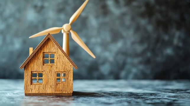 This artwork features a charming wooden house model positioned beside a stylized wind turbine, symbolizing the harmony between nature and modern eco-friendly living