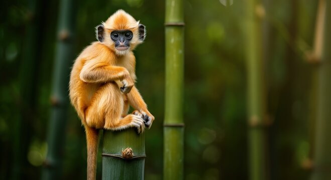 Young golden langur sitting on bamboo stalk in lush green forest - Powered by Adobe