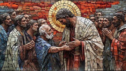 Naklejka premium Mosaic of Saint Peter healing the sick, his hand extended towards a frail old man, crowd gathered around in awe, vibrant shades of green and blue tiles,