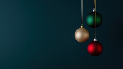 Three hanging Christmas ornaments in gold, green, and red against a dark blue background, creating a festive and elegant holiday ambiance.