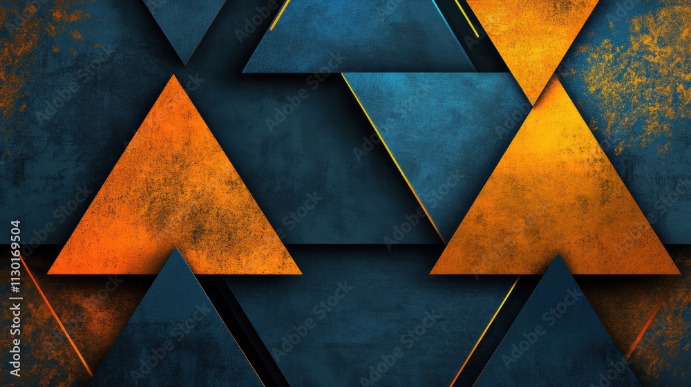 Wall mural metallic geometric patterns in overlapping triangles with glowing neon accents