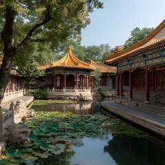 Fototapeta premium elaborate Chinese palace with golden roofs, surrounded by lush greenery and tranquil pond filled with lotus flowers