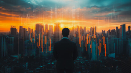 Fototapeta premium Abstract business man stands on the peak of success amid tall, innovative Smart city and graphs with statistics to analyze business potential and predict future developments in company growth.