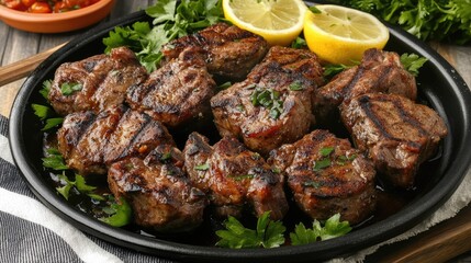 Grilled Meat with Fresh Herbs and Lemon Slices on a Black Plate