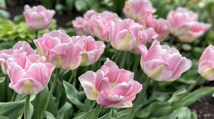 Fototapeta premium Delicate pink tulips blooming in a vibrant garden showcasing natural beauty and springtime elegance.