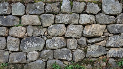 Obraz premium Weathered stone wall background showcasing the effects of age with unique textures and natural greenery accents.