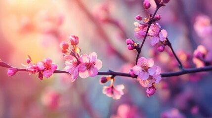 Obraz premium Delicate springtime buds and blossoms on tree branches illuminated by soft sunlight in a vibrant nature setting.