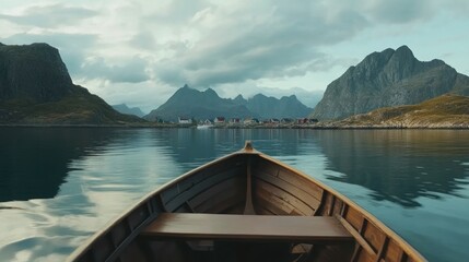 Obraz premium Serene Boat Ride in Lofoten Islands, Norway: A Tranquil Escape Amidst Majestic Mountains and Still Waters