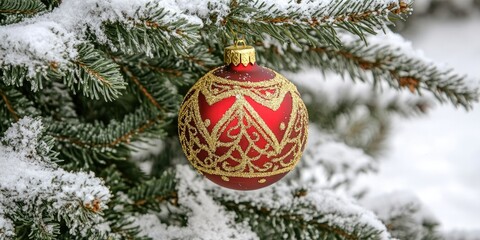 A vibrant gold and red Christmas ornament hangs on a faux pine tree, set against a snowy backdrop, providing ample space for additional text or messages.