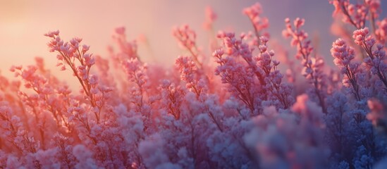 Delicate pink blossoms bathed in warm sunlight creating a serene floral landscape in soft focus ambiance