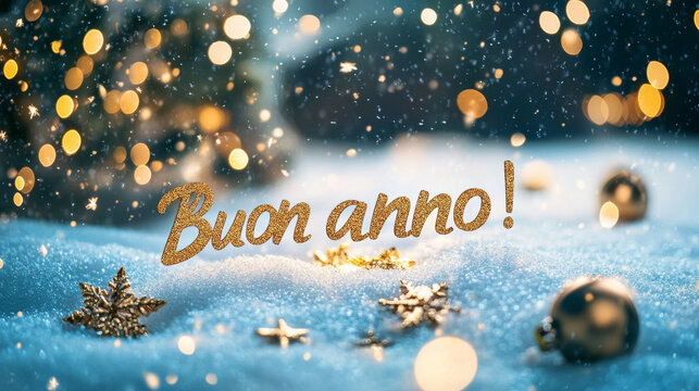 Happy new year background written in Italian language Buon Anno in yellow gold letters and festive backdrop with snow and bokeh light