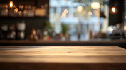 Fototapeta premium Modern kitchen interior with a focus on a wooden table and blurred background for a cozy and stylish atmosphere