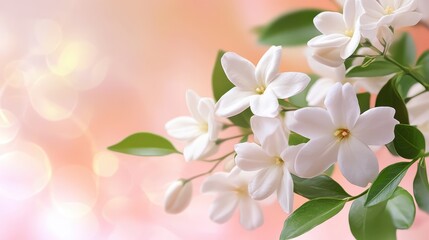 Obraz premium White jasmine flowers elegantly contrasting with green leaves against a soft pink background creating a serene and tranquil atmosphere
