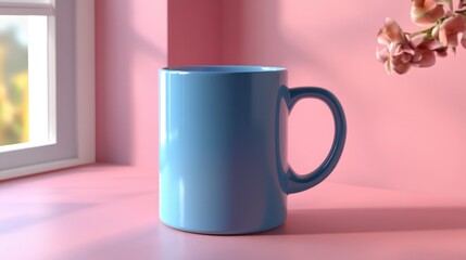 Obraz premium Blue ceramic coffee mug on soft pink background with natural light and floral accents, perfect for lifestyle or product photography.