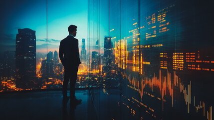 Obraz premium Abstract business man stands on the peak of success amid tall, innovative Smart city and graphs with statistics to analyze business potential and predict future developments in company growth.