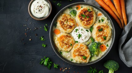 Cabbage cutlets served with creamy broccoli and carrots on a dark background garnished with fresh herbs and spices