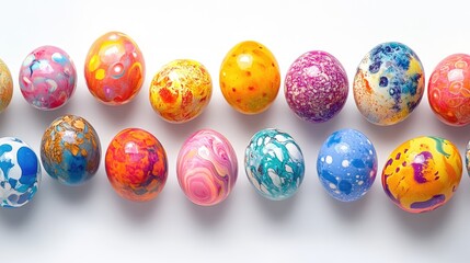 Vibrant assortment of beautifully decorated Easter eggs arranged on a clean white background for springtime celebrations and holiday themes.