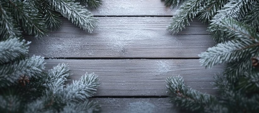 Christmas themed wooden board backdrop surrounded by frosted fir branches for festive seasonal decorations or greetings.