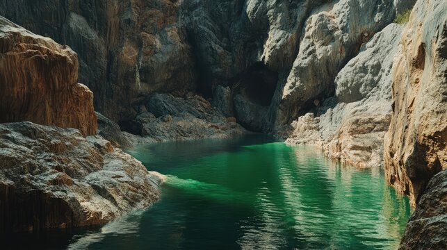 Serene emerald waters of a scenic dam nestled between majestic rock formations