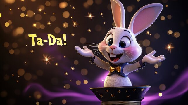 Adorable Bunny Magician 3D Render Magic Show Ta Da Sparkling Background Cute Rabbit