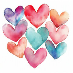 Obraz premium Colorful heart shaped watercolor designs in various shades and sizes, isolated design on white background 