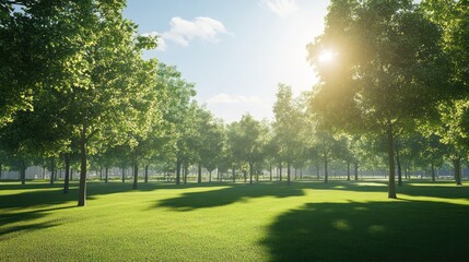 Obraz premium Lush green park with vibrant trees illuminated by sunlight creating a serene natural landscape under a clear blue sky