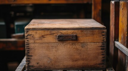 Obraz premium Vintage brown wooden box with metal handle ideal for rustic storage and packaging in home decor or craft projects.