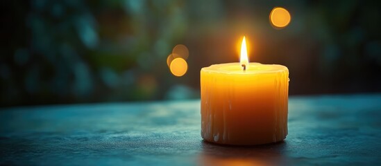 Elegant candle centerpiece glowing softly on table during romantic wedding reception with serene bokeh background for enchanting atmosphere.