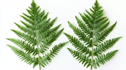 Tropical fern leaves displayed on a white background highlighting their intricate textures and natural beauty from a top view perspective