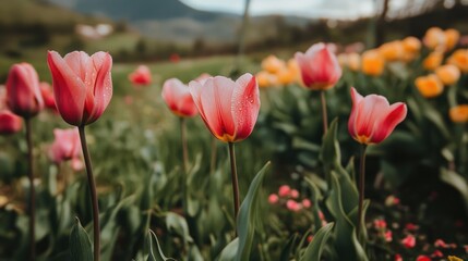 Obraz premium Pink tulip flowers in selective focus blooming in a vibrant outdoor garden setting with blurred background scenery.