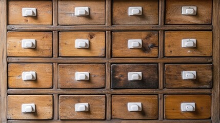 Vintage wooden cabinet featuring multiple square drawers with white handles showcasing rustic charm and timeless design.