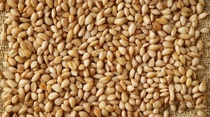 Fototapeta premium Wheat grains scattered on a natural mat showcasing organic textures and earthy tones perfect for agricultural or culinary themes.