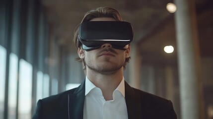 Young businessman using virtual reality glasses in modern office environment exploring innovative technology concepts