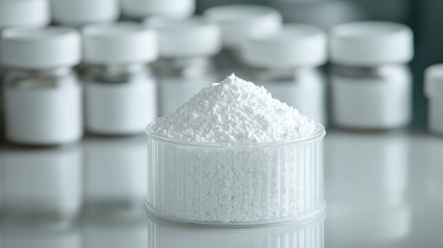 Ethylamine chemical substance displayed in white plastic laboratory container with blurred background of sample jars