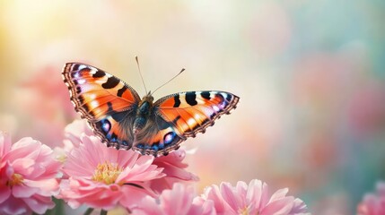 Obraz premium Small Tortoiseshell butterfly Aglais urticae perched on pink flowers in a vibrant garden setting with a soft blurred background