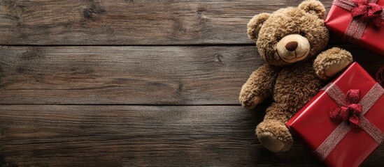 Obraz premium Teddy bear with red gift boxes on rustic wooden background perfect for holiday, gift giving or childhood memories concept with copy space