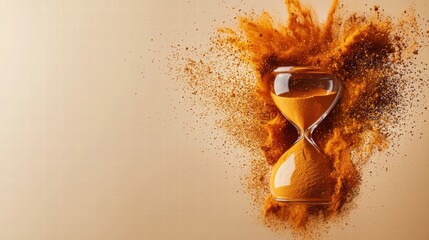 Fototapeta premium Hourglass with Exploding Orange Sand Time Ephemeral Flowing Powder Texture Abstract Background