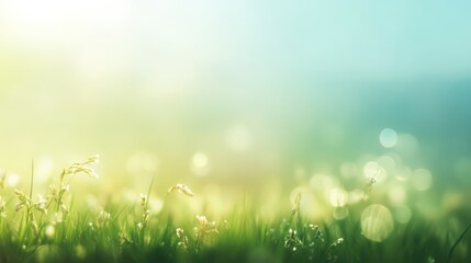 Fototapeta premium Serene blurred background of lush rice field illuminated by soft sunlight creating a tranquil and peaceful atmosphere