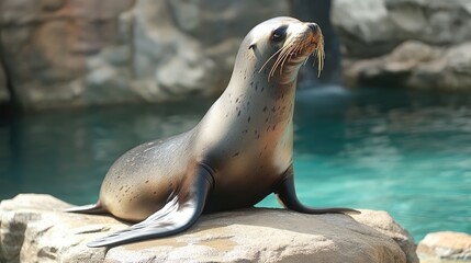 A majestic sea lion lounging on a sunlit rock near tranquil waters in a natural setting