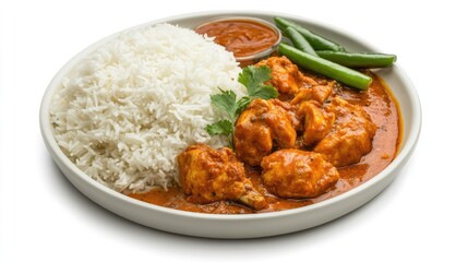 Fototapeta premium Kerala special Chicken 65 served with white rice and green beans on a plate with sauce on isolated background