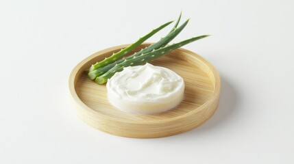 Aloe vera cream on bamboo plate with fresh aloe leaves on a light background for skincare and natural beauty concepts.