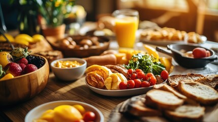 Buffet breakfast spread showcasing fresh fruits pastries and beverages in a hotel restaurant setting with warm natural lighting