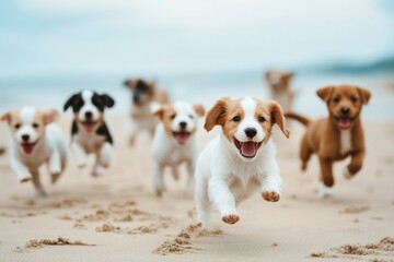 Playful puppies running on a sandy beach captivating pet photography natural coastal environment joyful action shots of pets in motion