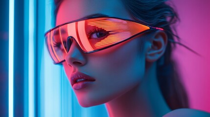 Fototapeta premium Stylish woman wearing orange-tinted sunglasses and neon lights