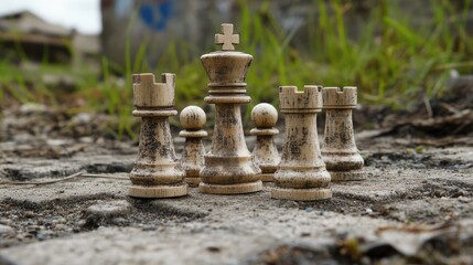 Chess set displayed outdoors featuring the King leading the Castle with Pawns on a textured surface surrounded by grass and stone.