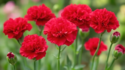 Vibrant red carnations in selective focus showcasing their beautiful petals and lush greenery in a natural garden setting.