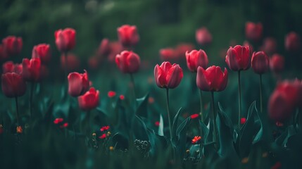 Fototapeta premium vibrant tulips blooming in a lush green field creating a serene and picturesque floral landscape