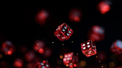 A dynamic image of numerous red dice tumbling and cascading against a dark background, creating a sense of energy and movement.