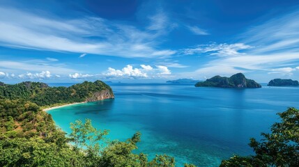 Tropical paradise landscape featuring azure waters and lush greenery under a vibrant blue sky with distant islands in the background.